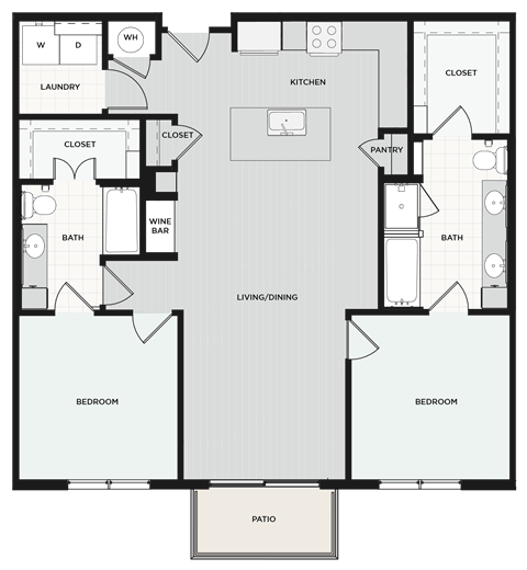 Floor plan for 2 beds, 2 baths, 1216 sqft